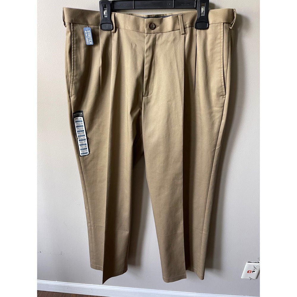 Haggar Mens Premium No Iron Khaki Classic Fit Pleated Pants Tan 38x29 NEW